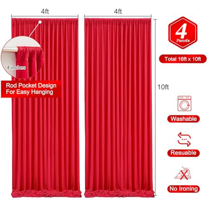Red Backdrop Curtains 4 Panels-Wrinkle-Free Polyester Photography Drapes Party Photo Backgrounds for Wedding Christmas Photo Backdrops- 16 X10FT (Red) - color: Red, size: W4' x H10'(4 panels)