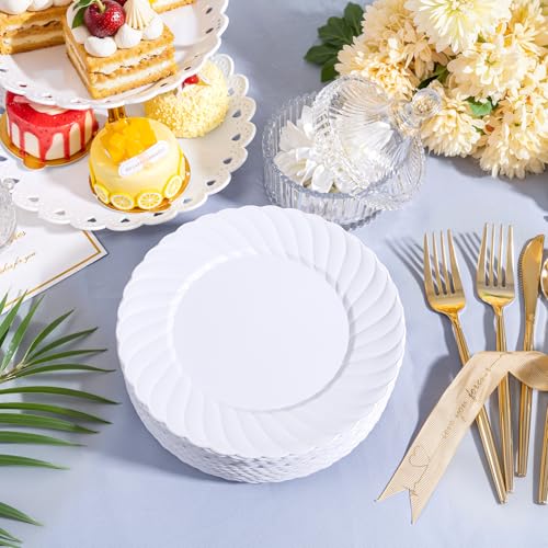 U-QE 100 Count White Plastic Plates for Party - 7 Inch Scalloped Dessert Plates Disposable Heavy Duty - Premium Hard Plastic Appetizer/Cake Plates for Party, Wedding, BBQ, Picnic and Graduation - color: 7Inch-100pcs-White