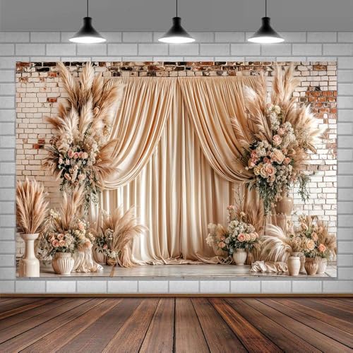 7X5ft Boho Floral Wedding Backdrop Wall Background Photography Beige Vintage Flowers Backdrops for Parties Wedding, Girls Birthday Princess Weeding Bridal Shower Floral Anniversary Ceremony Decor - color: Boho02, size: 7X5FT