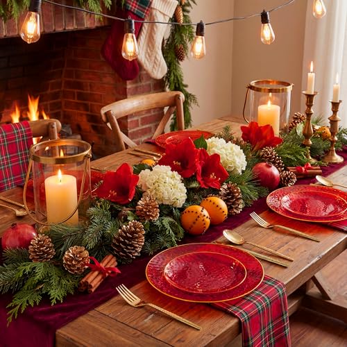 I00000 150Pcs Red Plastic Plates with Gold Rim,Fancy Plastic Plates,Red hammer patterned Disposable plates Set include 30 Dinner Plate,30 Dessert Plate,90 plastic Silverware Set for Valentine's Day - color: Clear and red