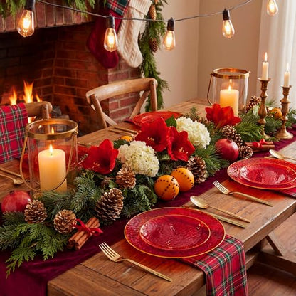 I00000 150Pcs Red Plastic Plates with Gold Rim,Fancy Plastic Plates,Red hammer patterned Disposable plates Set include 30 Dinner Plate,30 Dessert Plate,90 plastic Silverware Set for Valentine's Day - color: Clear and red