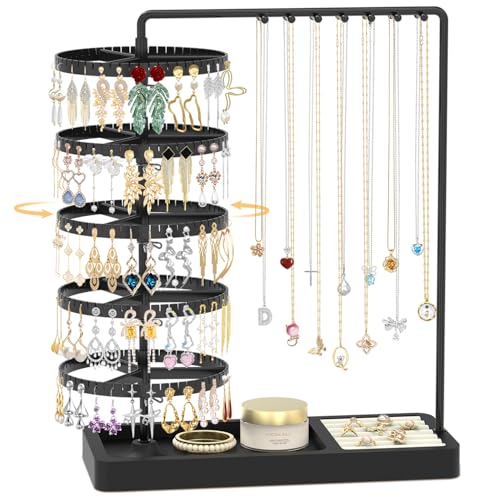 EsLuker.ly Earring Holder Organizer Necklace Display Stand, Jewelry Tree Rack Storage with Wooden Ring Tray for Women Vendors Selling, 5 Tier Plastic Rotating Earring Tower, Black+Black - color: Matte Black