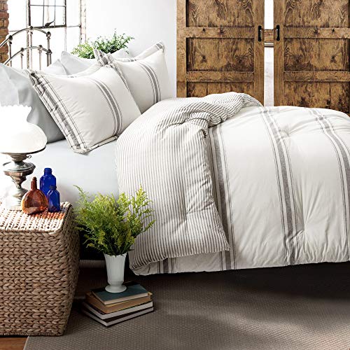 Lush Decor Stripe Reversible Cotton Comforter Set, Cozy Farmhouse Bedding Set, Full/Queen, Gray, 3 Piece Set - color: Gray, size: Full/Queen