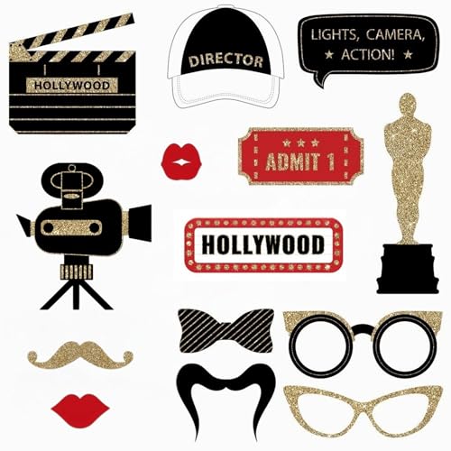 Fully Assembled Hollywood Photo Booth Props - Set of 27 - Black Gold Red Selfie Signs - Movie Night Themed Party Supplies & Decorations - Cute Oscars Designs with Real Glitter - Did We Mention No DIY - size: 27 Pieces
