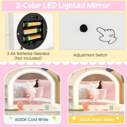 Costzon Kids Vanity with Lights, 2 in 1 Princess Makeup Desk & Chair Set with Lighted Mirror, Drawer, Storage Shelves & Cabinet, Toddler Dressing Table, Vanity Set for Little Girls, White - style: White with Cabinet
