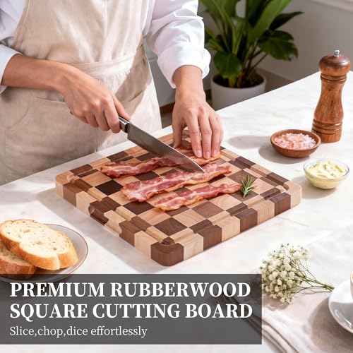 WILLKOMMEN Checkered Cutting Board for Kitchen– Wood Checkerboard End Grain Chopping Board 1" Thick Wooden Butcher Block with Juice Groove & Handle, Reversible for Cooking and Serving (Square) - style: Square Checkerboard-1 pack
