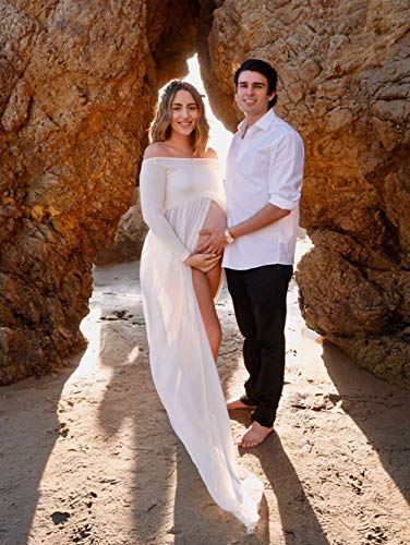 ZIUMUDY Maternity Maxi Chiffon Photography Dress Split Front Gown for Photoshoot - color: White