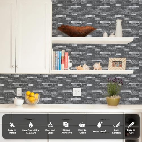 STICKGOO Peel and Stick Backsplash,PVC Wall Tiles Stick on Backsplash for Kitchen(10 Sheets, Black Slate with Metal Silver),(12 inch x 11.7 inch) - color: Black Slate with Metal Silver