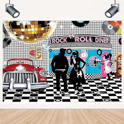 Disco Retro Style Photo Backdrop - 50's Rock Roll Prom Dance Birthday Diner Party Decor - Retro Diner Time Classic Car Party Decoration Banner, 8x6FT - size: 8X6FT