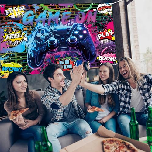 Game On Party Backdrop - 8x6ft Video Game Birthday Background Banner for Boys Kids Teens, Neon Gamer Controller Theme Party Supplies, Level Up Gaming Decorations Wall Photo Booth Prop - size: 8x6ft