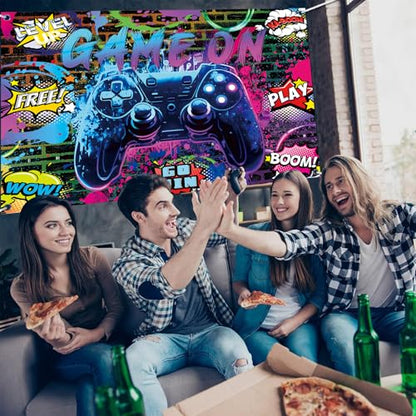 Game On Party Backdrop - 5x3ft Video Game Birthday Background Banner for Boys Kids Teens, Neon Gamer Controller Theme Party Supplies, Level Up Gaming Decorations Wall Photo Booth Prop - size: 5x3ft