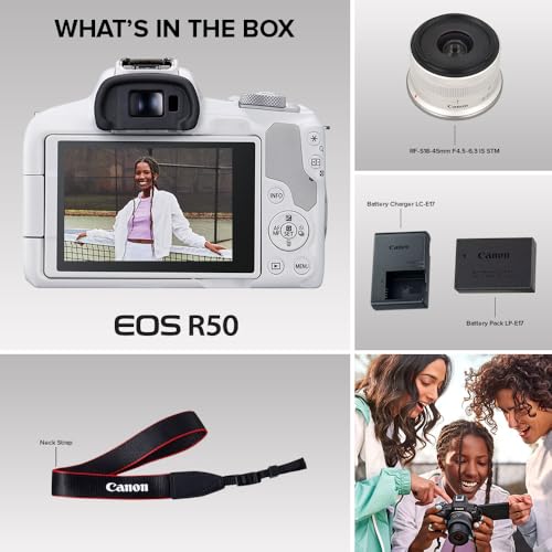 Canon EOS R50 Mirrorless Camera RF-S18-45mm F4.5-6.3 is STM Lens Kit, 24.2 Megapixel CMOS (APS-C) Sensor, 4K Video, Hybrid Camera, Photo and Video, Vlogging, Content Creator, RF Mount, White - color: White, style: EOS R50 w/RF-S18-45mm