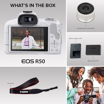 Canon EOS R50 Mirrorless Camera RF-S18-45mm F4.5-6.3 is STM Lens Kit, 24.2 Megapixel CMOS (APS-C) Sensor, 4K Video, Hybrid Camera, Photo and Video, Vlogging, Content Creator, RF Mount, White - color: White, style: EOS R50 w/RF-S18-45mm