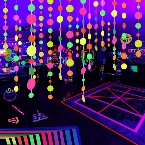 115feet Paper UV Round Neon Garland Streamers Black Light Decorations for Glow Party Supplies and Decorations UV Reactive Neon Party Favors Glow in The Dark for Wedding Birthday Banners - color: 6 Dot Garlands