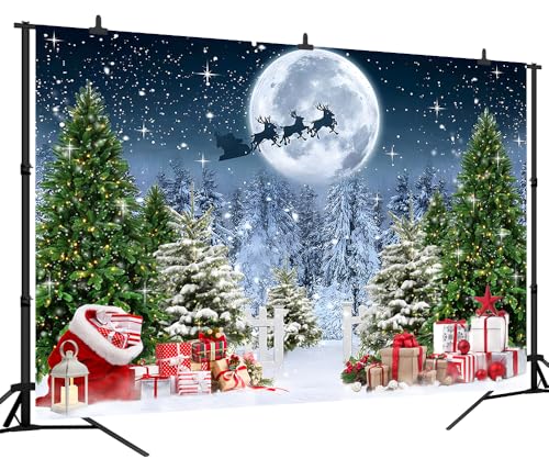 7x5 FT Christmas Scene Backdrop Xmas Tree Winter Forest Scene Wonderland North Pole Night Background Starry Sky Moon Reindeer Santa Claus Christmas Decorations Family Photo Shoot Booth Props - size: 7x5 FT
