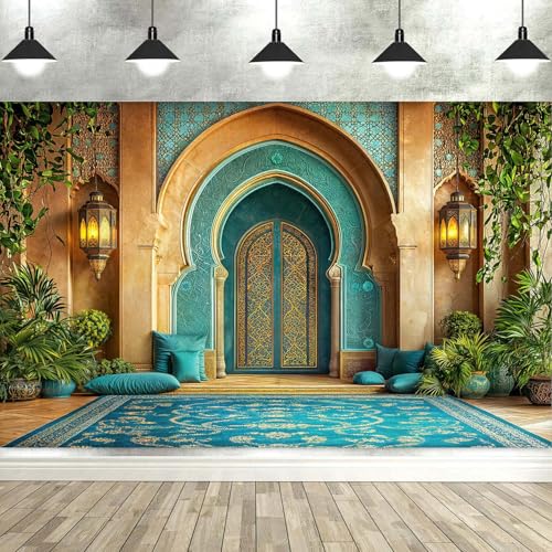 5X3ft DYNH Arabian Moroccan Nights Party Backdrop, Morocco Palace Arch Architecture Middle Eastern Teal Luxurious Backdrop for Moroccan Wedding Birthday Party Background Decorations Photo Studio Props - color: Turquoise2, size: 5 x 3 ft