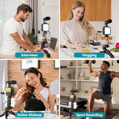 Vlogging Kit for iPhone, Android (with Tripod), with Mini LED Video Light + Cardioid Microphone + Phone Clip + Tripod for Video Calling, Vlogging, YouTube, Instagram, TikTok