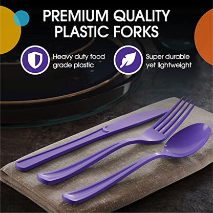 Party Solids Purple Plastic Forks 200 Pieces Purple Forks Disposable Utensils Heavy Duty Plastic Cutlery Set Disposable Cutlery Sets Flatware Sets Silverware Set Party Supplies & Party Tableware - color: Purple