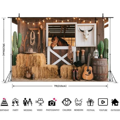 Western Cowboy Backdrop 7x5ft Rustic Barn Door Horse Banner Wild West Rodeo for Birthday Party Supplies Photo Booth Props