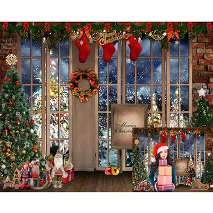 Winter Backdrop 10x8ft Merry Photo Backdrop Photography Window Xmas Tree Gift Background Party Backdrop Decor Kids Adults Family Xmas Eve Party Props (Z29-3x25NSW13849) - color: NSW13849