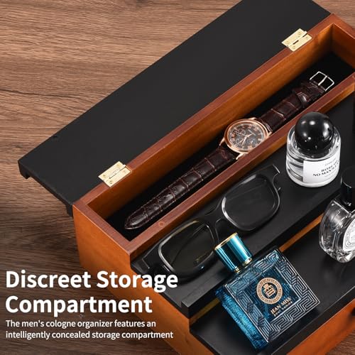 Perfume Organizer for Men, 3 Tier Wood Perfume Display Stand with Velvet Lining Drawer and Hidden Compartment for Watch,Jewelry,Perfume Display Risers,A Gift for Men (Black+Walnut) - style: 3 Tier - BlackWalnut
