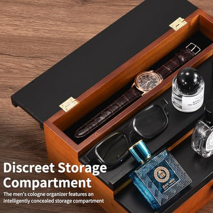 Perfume Organizer for Men, 3 Tier Wood Perfume Display Stand with Velvet Lining Drawer and Hidden Compartment for Watch,Jewelry,Perfume Display Risers,A Gift for Men (Black+Walnut) - style: 3 Tier - BlackWalnut