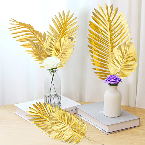 CCINEE 24PCS Golden Artificial Palm Leaves, Faux Monstera Leaves Simulation Safari Leaves with Stems for Home Hawaiian Luau Party Jungle Beach Theme Party Decoration - color: Golden Monstera Leaves