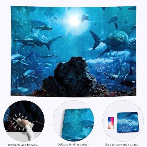 8x6ft Fabric Shark Theme Backdrop Deep-sea Ocean Shark Reef Aquarium Photography Background Birthday Theme Party Decoration Banner Kid Diver Portrait Photo Studio Props - size: 8x6 FT