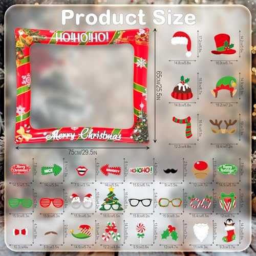 Christmas Photo Booth Props Inflatable Frame, 32Pcs Christmas Party Photo Booth Props with Inflatable Picture Frame Large for Xmas Holiday Party Selfie Supplies - color: Christmas