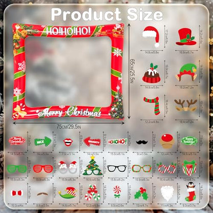 Christmas Photo Booth Props Inflatable Frame, 32Pcs Christmas Party Photo Booth Props with Inflatable Picture Frame Large for Xmas Holiday Party Selfie Supplies - color: Christmas