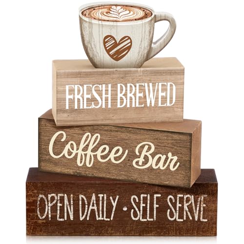 Moucuny 4 Pcs Farmhouse Coffee Bar Signs Decor Wooden Cup Rise & Shine It's Coffee Time Rustic Wood Cafe Sign Gift for Home Kitchen Tabletop Decor - style: Coffee Bar Coffee Bar