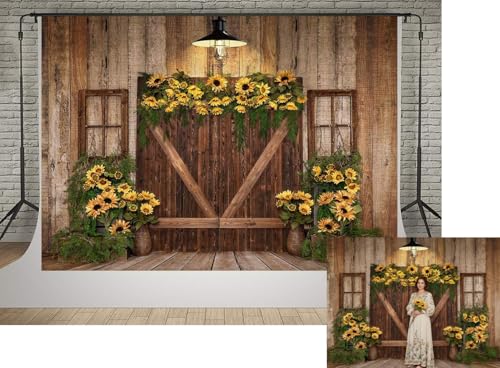 Kate 7x5ft Spring Sunflowers Photography Backdrops Farm Wood Door Photo Background Studio Children Birthday Party Cake Table Banner Baby Shower Backgrounds Props - size: 7x5ft