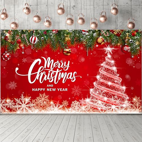 Irenare Christmas Backdrop Merry Christmas Banner Party Decoration Xmas Photography Background Photo Props for Winter Holiday New Year Eve Family Party Decoration Supplies(Tree) - style: Tree