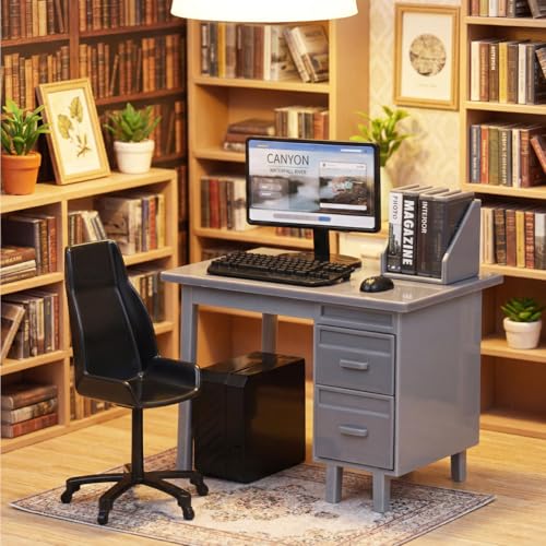 Garneck 2 Sets Miniature Dollhouse Office Desk Set: 1:12 Scale Computer Table Chair Keyboard Mouse Monitor Books CPU Accessories for Mini Furniture Display Pretend School Project