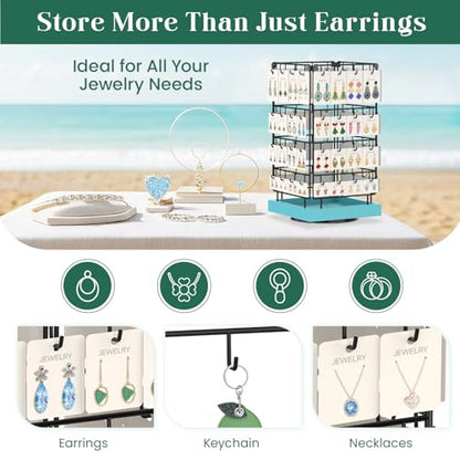 EsLuker.ly Rotating Earring Display Holder Stand for Vendors Events Selling, Large Capacity 64 Hooks Jewelry Rack with Wooden Base for Earring Card Sales, Enhances Retail Visibility (Blue) - color: Blue+Black