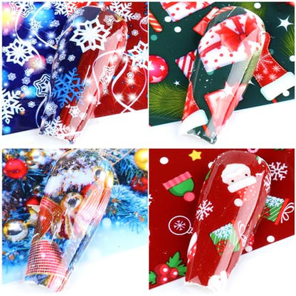 Christmas Nail Foil Transfer Stickers 10 Sheets Xmas Nail Art Stickers Decals Winter Santa Claus Snowflake Bells Nail Decals Supplies for Women Christmas Manicure Nail Film Decorations - style: Christmas