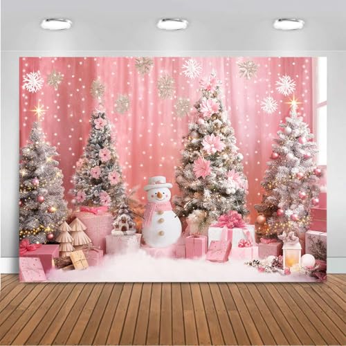 Mocsicka 7x5ft Pink Christmas Backdrop Snowflake Xmas Tree Interior Room Photography Backdrop Background Family Kids Merry Christmas Holiday Party Decorations Photo Booth Props