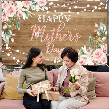 Avezano Happy Mother's Day Banner Floral Wood Mothers Day Backdrop Happy Mothers Day Party Decorations Thanks Mother's Day Photo Booth Props 6x3.6ft