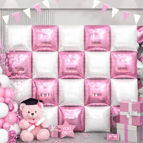 HILAVO Pink and White Square Balloon, 20 PCS Double Sided Foil Balloons Wall Flat Square Balloon Backdrop for Girls Coquette Birthday Decoration Bridal Baby Shower Party Decoration - color: Pink White
