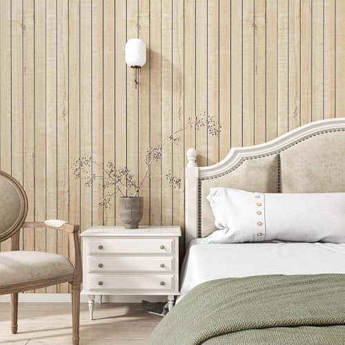 VEELIKE Sand Birch Wood Wall Panels Peel and Stick Distressed Wood Grain Slat Wall Panels for Accent Walls Headboard 17''x118'' Self Adhesive Renter Friendly Slatted Vinyl Roll for Bedroom Living Room - color: Sand Birch, size: 17''x118''