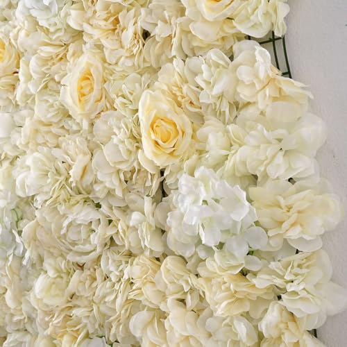 Efavormart Pack of 4 | 13 Sq. Ft. White Champagne Silk Flower Wall Panels, UV Protected 3D Mixed Floral Mat with Peonies and Roses for Wedding Backdrop - color: Champagne