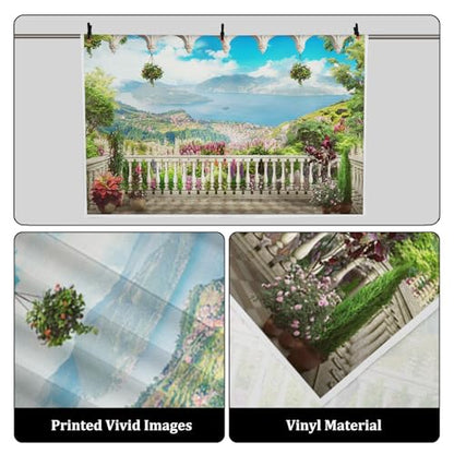 AOFOTO 7x5ft Garden Terrace Backdrop Pretty Scenery Photography Background Adult Girl Bride Lovers Artistic Portrait Seascape Romantic Wedding Retro Photo Shoot Studio Props Video Drop Wallpaper Drape - size: 7x5ft