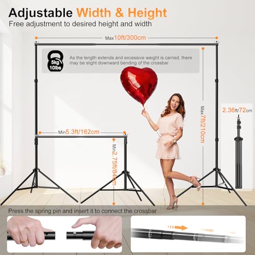 Backdrop Stand, 10x7ft(WxH) Photo Background Stand Adjustable Support Kit with 2 Crossbars, 8 Backdrop Clamps, 2 Sandbags and Carrying Bag for Parties Photography Wedding Decoration - size: 7×10ft