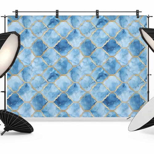 Marble Morocco Backdrop for Photography, Blue Modern Geometric Gold Abstract Plaid Photo Backdrop Portrait Background Party Banner Photo Backgrounds for Studio Booth Props, 8x6ft - color: Lake Blue, size: 8x6FT