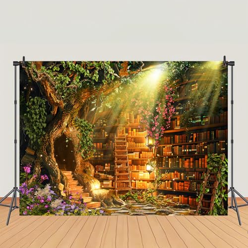 Fairy Tale Library Backdrop for Photography,Woodland Bookshelf Enchanted Magic Storybook Photo Background,7x5ft Child Birthday Party Decoration Banner Portrait Studio Props - size: 7X5ft
