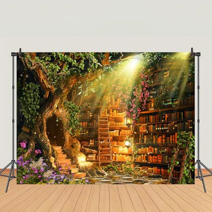 Fairy Woodland Library Backdrop Spring Enchanted Forest Bookshelf Book Tree Photography Backgrounds Magic Nature Girl Birthday Party Decorations Banner Photo Booth Props 9X6ft - size: 9X6ft