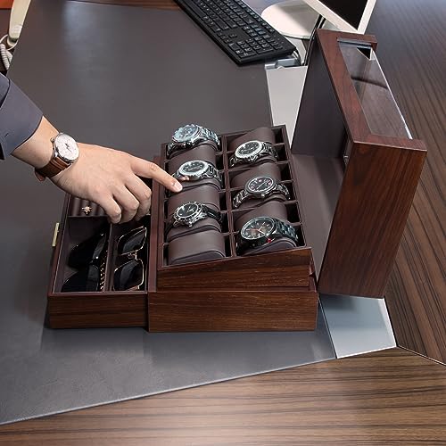 High End Watch Box for Men, 12 Slot Wooden Watch Case With Drawer, Watch Display Box with Glass Lid, 2-Layer Watch Holder for Jewelry and Watch Storage for Men Women , Ideal for Gift (With Gift Box) - color: Walnut