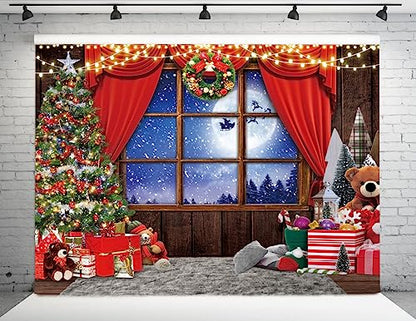 10X8FT Winter Christmas Window Backdrop Red Xmas Party Decoration Banner Studio Prop Pictures Background DH-803 - size: 10X8FT