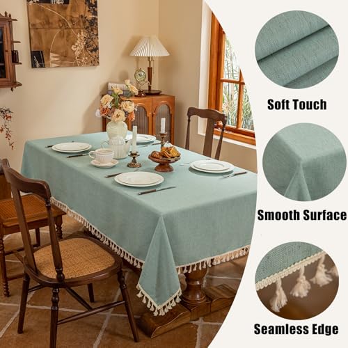 AmHoo Linen Blend Tablecloth Table Cloth 280 GSM Stitching Tassel Rectangle Decorative Natural Table Cover for Kitchen Dinning Wedding Buffet 55×70 inch Teal - color: Teal, size: 55×70 inch
