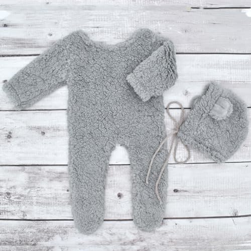 Zeroest Newborn Photography Props Boy Outfits Bear Baby Girl Photo Props Outfits Hat Footed Romper Sleeved Set for Photoshoot - color: Gray